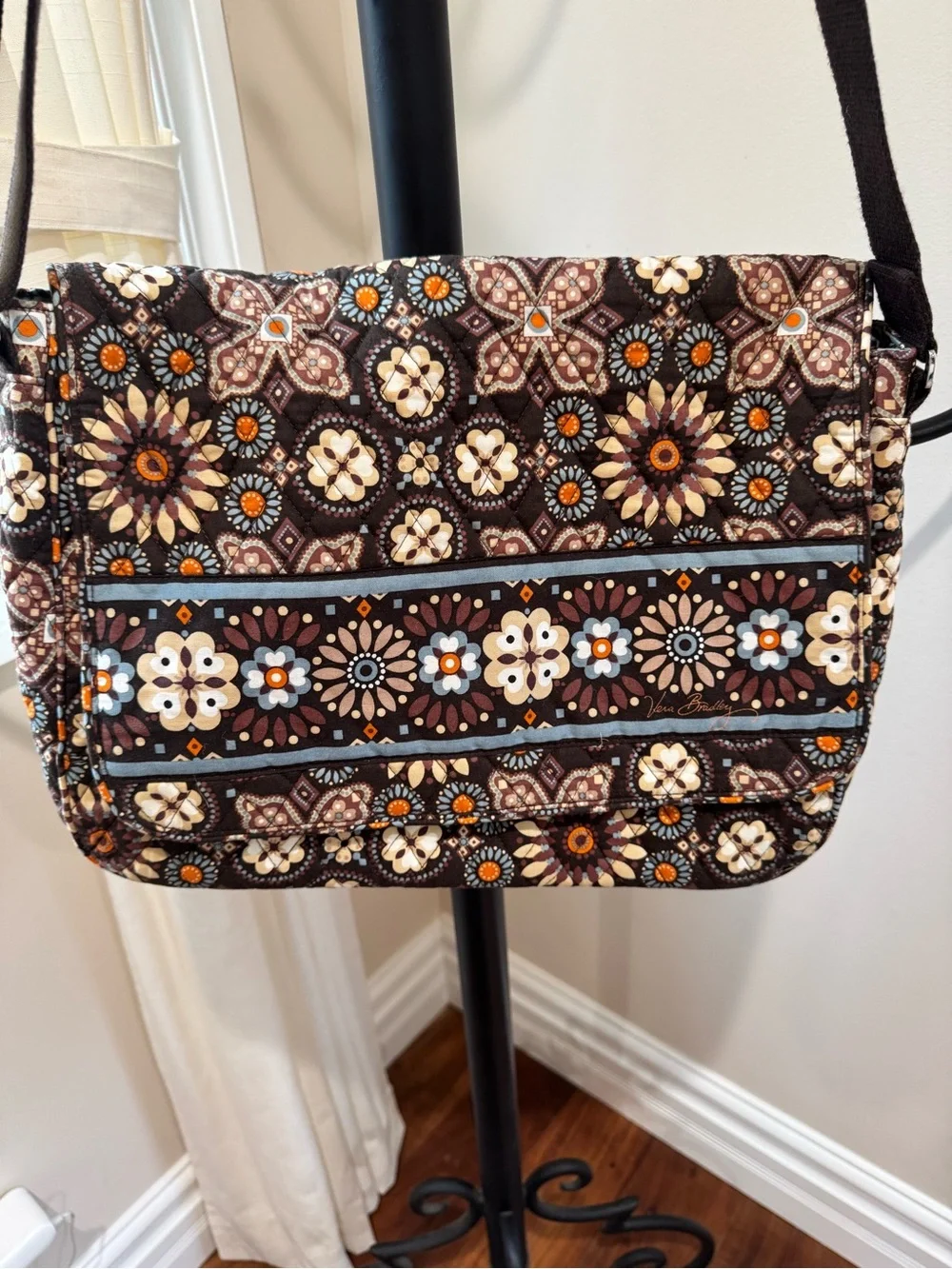 Vera Bradley Quilted Messenger Bag in Brown Cream Floral Laptop Shoulder